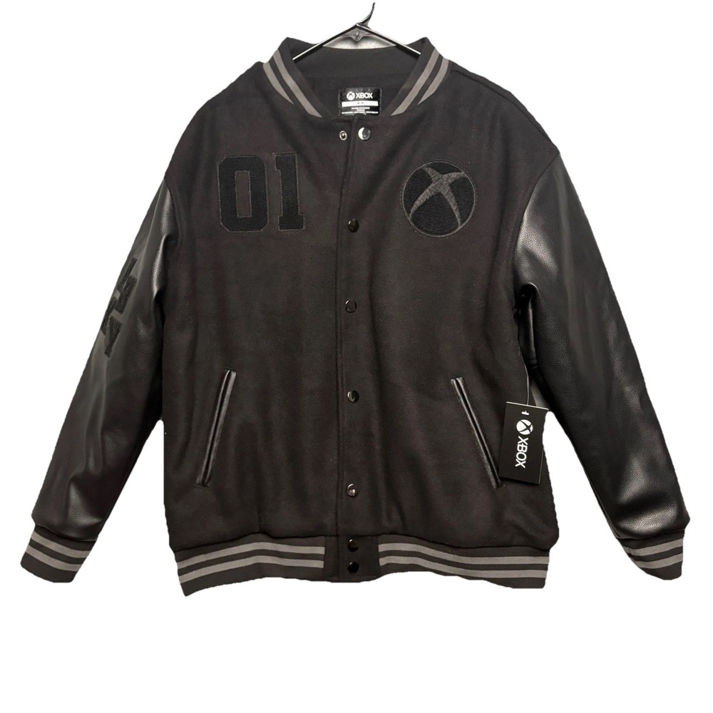 Xbox Varsity Jacket Mens Medium Black Wool Faux Leather Letterman Gaming NWT